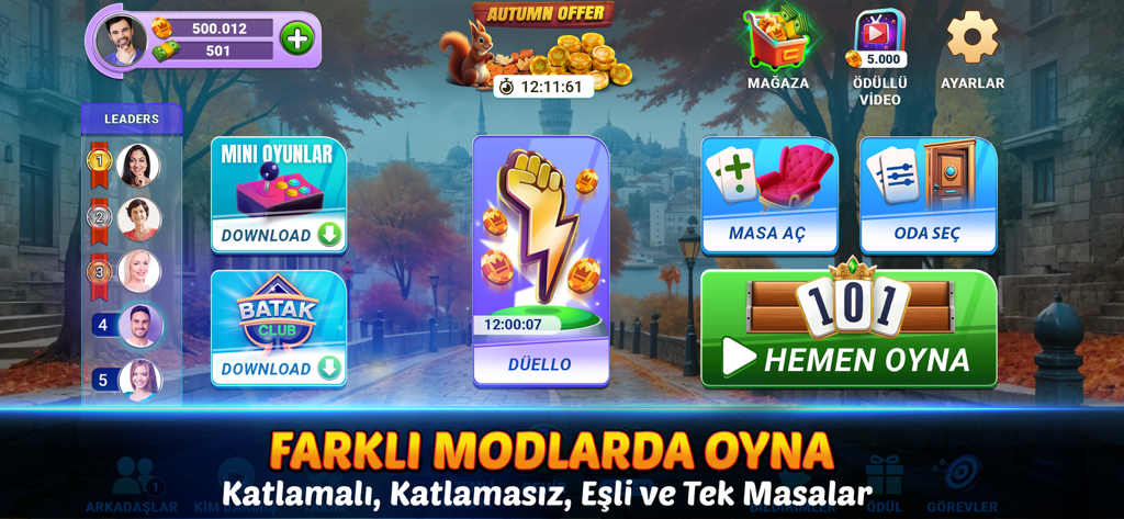 101 Okey Club - Yüzbir Okey - Main menu of the 101 Okey Club app showing game modes and player options