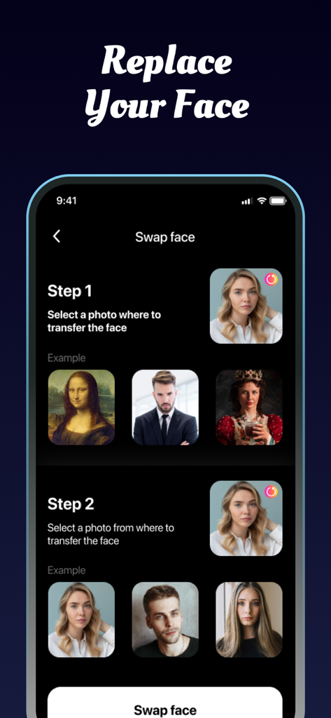 Art Creator・AI Image Generator - Pantalla de aplicación móvil mostrando un proceso de dos pasos para seleccionar fotos para una función de intercambio de caras con IA