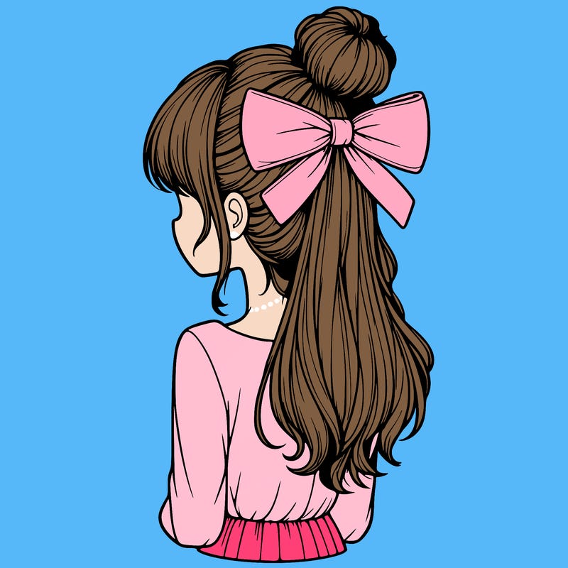 realistic girl  with hip length hair a bun and a big bow on the back of head