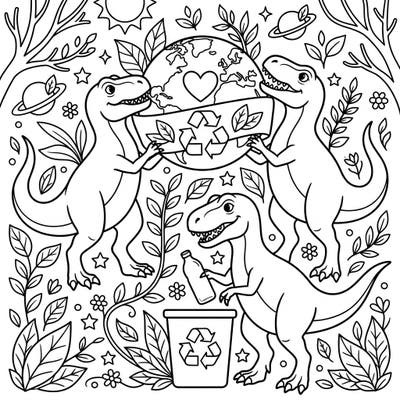 Join these adorable theropod dinosaurs on an important mission to celebrate Earth Day by recycling! This engaging coloring page blends prehistoric fun with a vital message of environmental care, perfect for inspiring young minds.