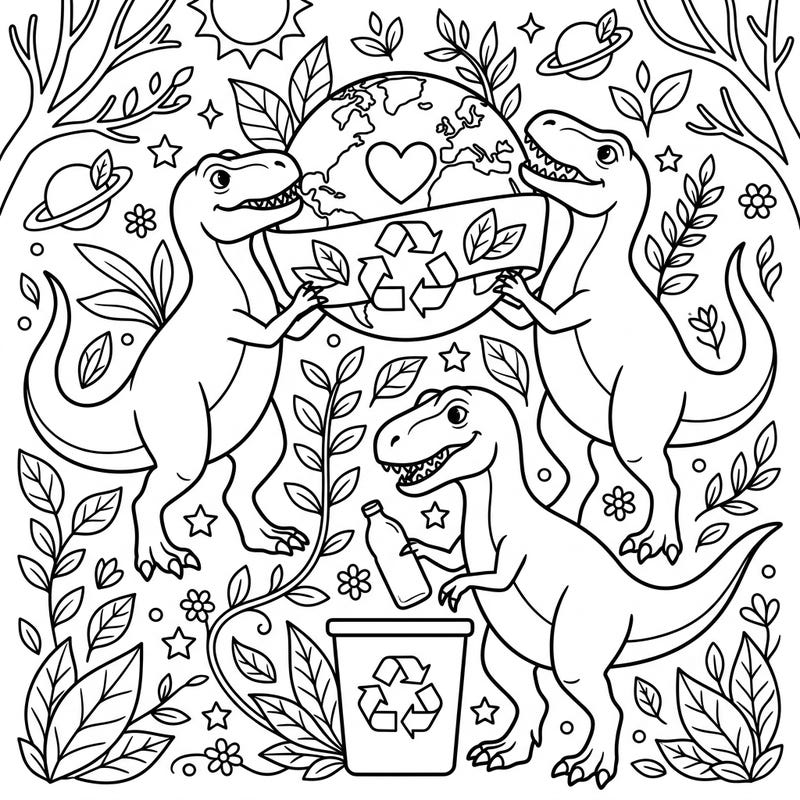 Join these adorable theropod dinosaurs on an important mission to celebrate Earth Day by recycling! This engaging coloring page blends prehistoric fun with a vital message of environmental care, perfect for inspiring young minds.