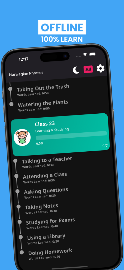 Norwegian Learning: Beginners - Norwegian language learning app displaying structured lesson chapters and offline mode feature