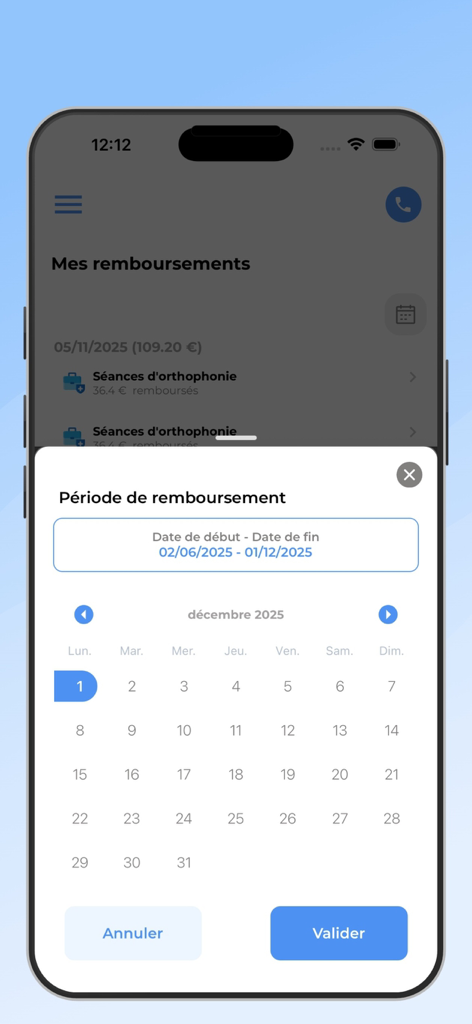 HEYME 뮤추얼의 모바일 인터페이스, 건강 보험 환급금에 대한 날짜 선택 캘린더 표시