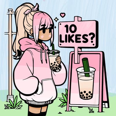 girl with oversized hoodie drinking boba and she has a high ponytail with a sign that says 10likes?