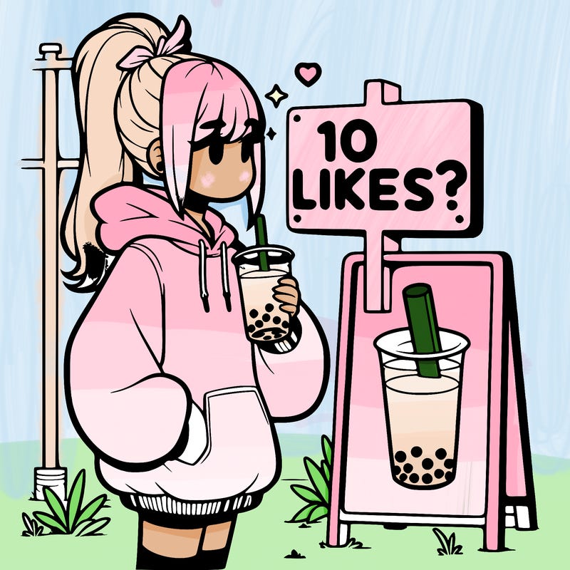 girl with oversized hoodie drinking boba and she has a high ponytail with a sign that says 10likes?