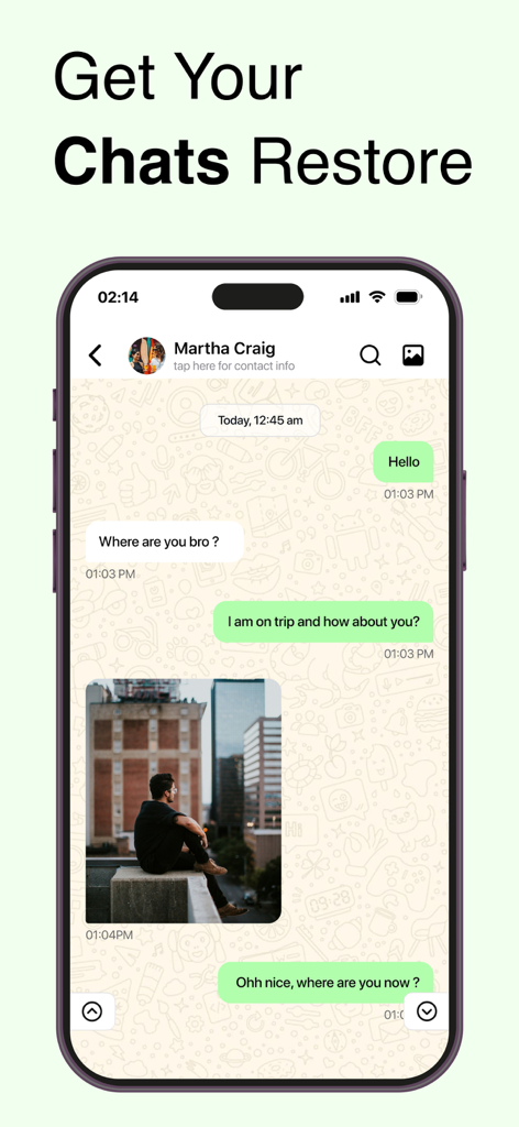 Recover Deleted Messages WARM - Screenshot of the Recover Deleted Messages WARM app showing a restored chat conversation with text and images