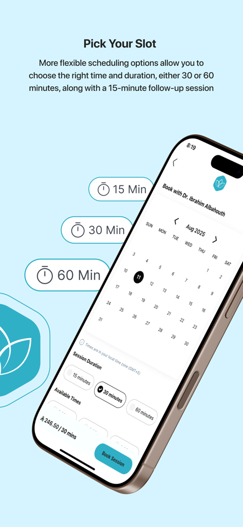 Estenarh 모바일 앱 인터페이스, 캘린더 보기와 함께 15, 30 또는 60분 심리치료 세션 예약을 위한 옵션 표시