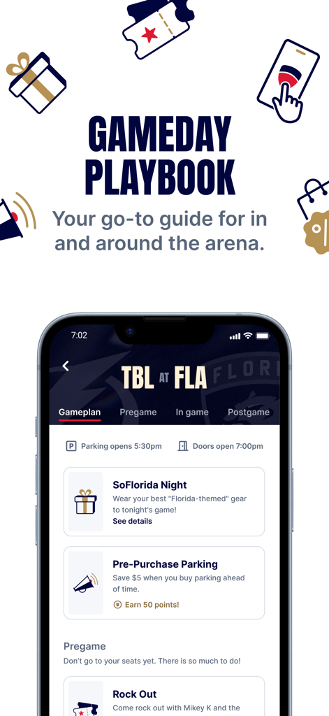 Florida Panthers GameDay - Florida Panthers GameDay app displaying the Gameday Playbook for arena events and parking