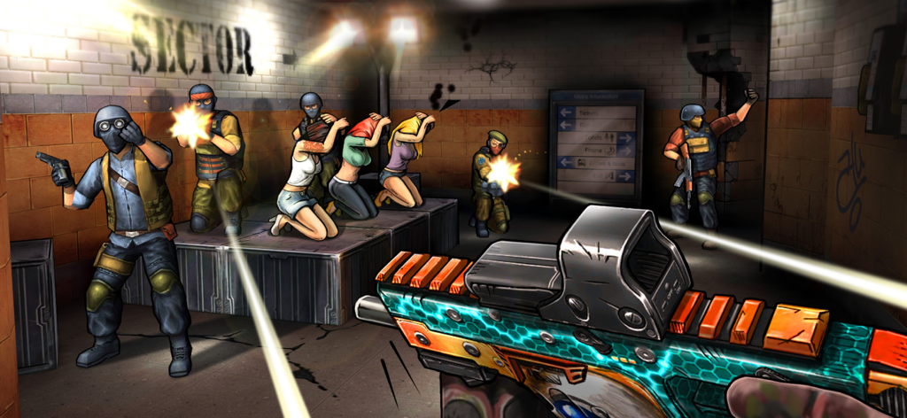 Gun 2 Shooting Game : FPS - Vista de atirador em primeira pessoa de uma missão de resgate de reféns em uma estação de metrô do jogo Major Gun