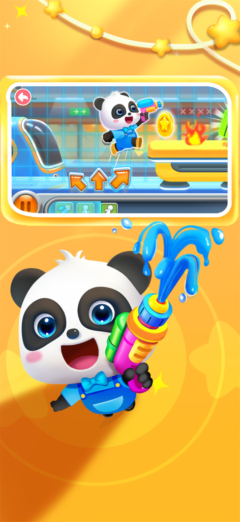 Little Panda’s Jewel Adventure - Little Panda Kiki holding a colorful water gun next to a preview of a platformer adventure level