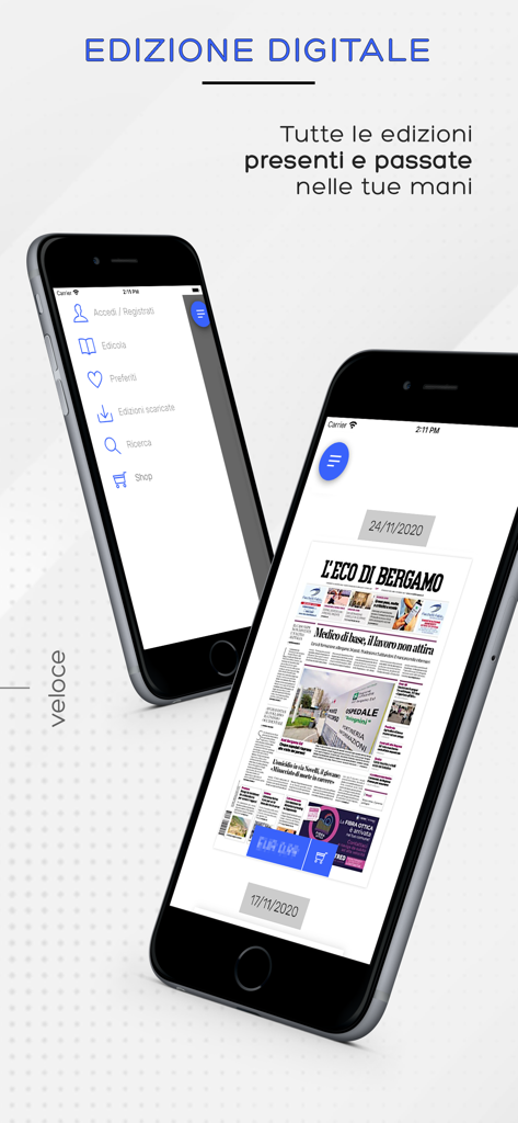 L'Eco di Bergamo Digital - Smartphone displaying the L'Eco di Bergamo digital newspaper interface with navigation menu and daily edition preview