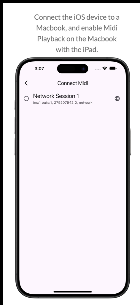 Grid Music Midi Player - Interface para conectar o reprodutor MIDI a um Macbook mostrando opções de sessão de rede