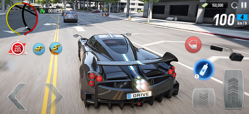 City Driving and Drifting Star - Superdeportivo negro con franjas de carreras azules conduciendo por las calles de la ciudad en un juego simulador para móviles