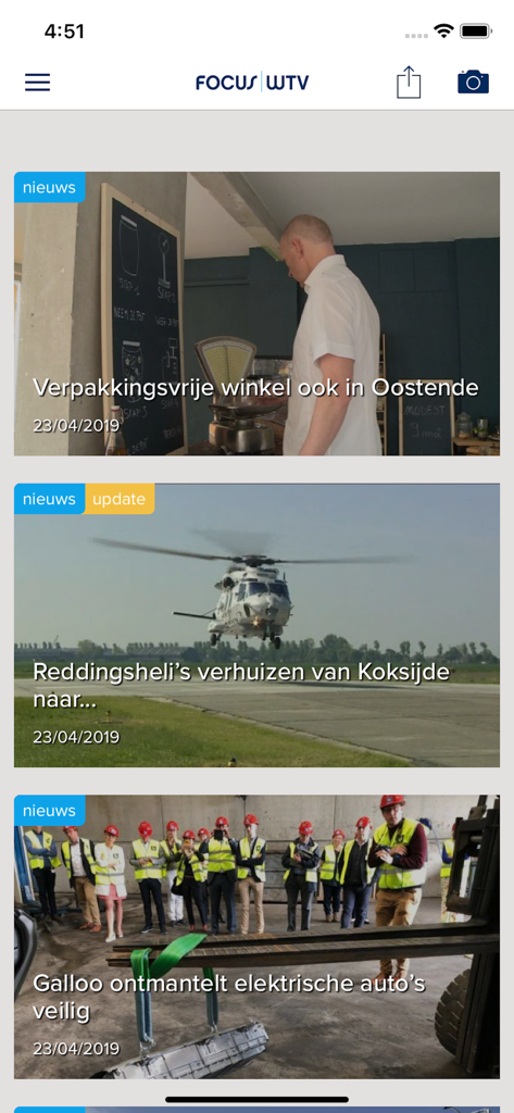 Focus & WTV - Focus and WTV mobile app news feed showing local articles from West Flanders