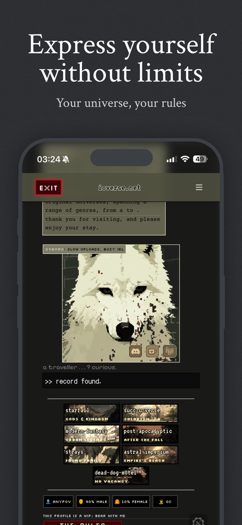 Interfaz de la aplicación móvil Janitor AI que muestra un perfil de historia personalizado con un lobo pixel art y etiquetas de género de rol.