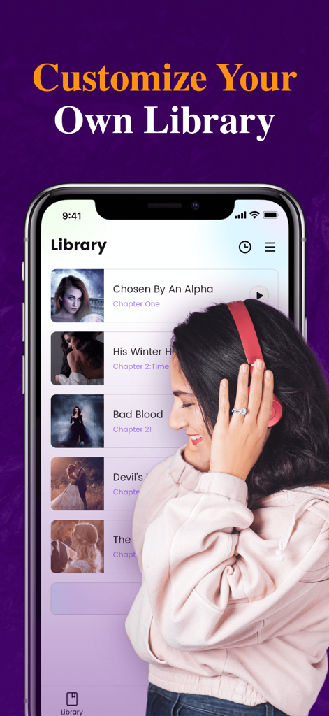 A woman with headphones smiling while using the Funtel app library to browse romance and fantasy novels.