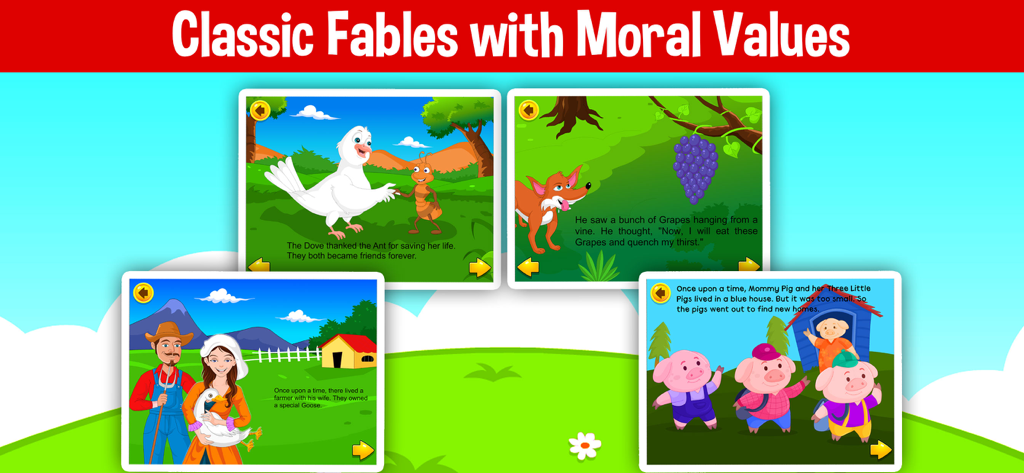 Learn To Read Stories For Kids - Interactive classic fables with moral values for children featuring stories like The Three Little Pigs and The Fox and the Grapes