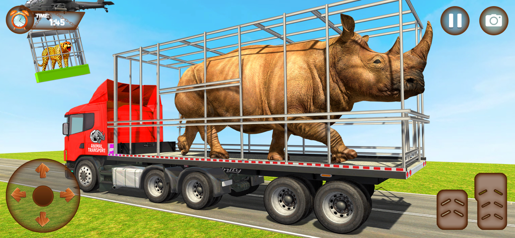 Animal Games : Truck Simulator - A large rhinoceros in a metal cage on the back of a red transport truck in a simulator game environment.