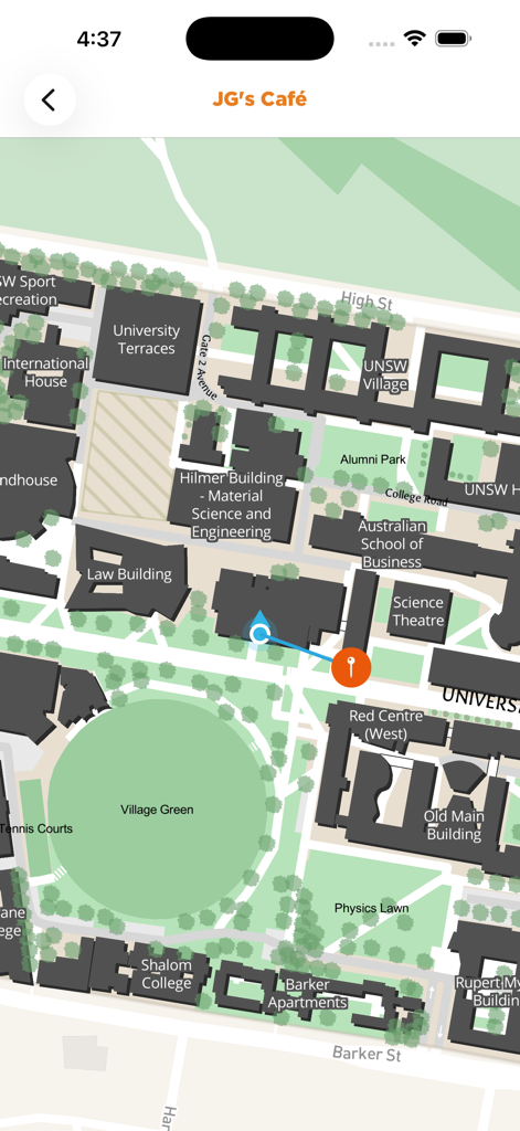 A detailed 2D navigation map of a university campus showing buildings and lawns.