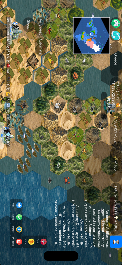 BC4000 - Civilization Model - Una schermata di gioco di strategia a turni che mostra una mappa esagonale con vari terreni, unità e icone di risorse