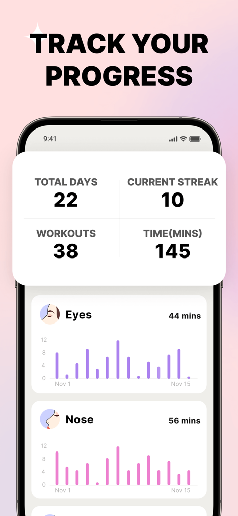 Face Yoga Exercises • Skincare - Panel de control de la app de yoga facial que muestra el progreso de ejercicios y estadísticas de entrenamiento.