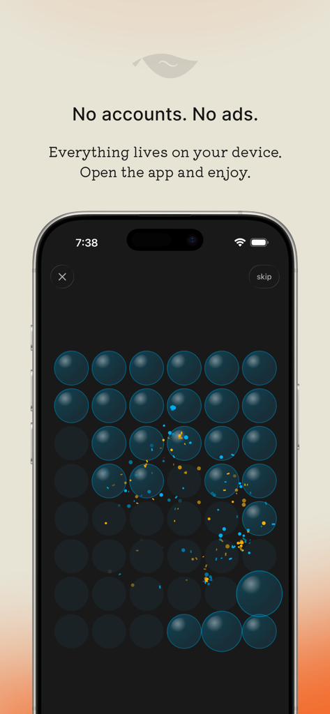 fidgy ~ mindful play - A screenshot of the fidgy app showing a bubble interaction screen and text highlighting no accounts or ads.