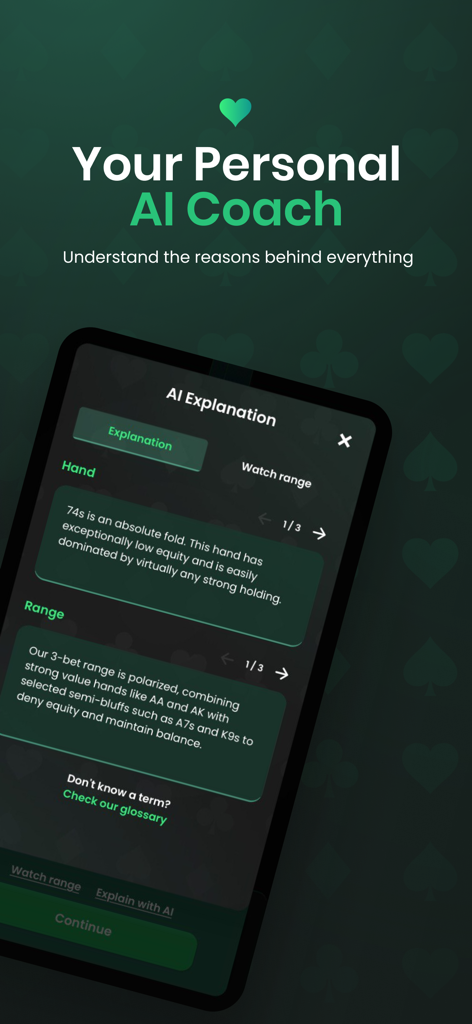 GTO Poker Trainer - Preflop AI - Schermata mobile che mostra spiegazioni basate sull'IA per decisioni di mani di poker e strategie di range.