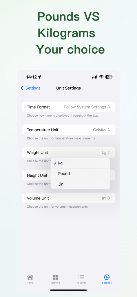 Tela de configurações de unidade do aplicativo Baby Memos mostrando opções de peso e temperatura
