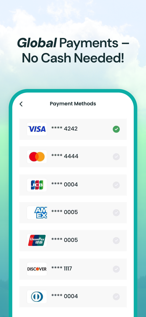 TABA - Get a taxi in Korea - TABAアプリの画面。韓国でのタクシー乗車に、VisaやMastercardなどの国際的な支払い方法を表示