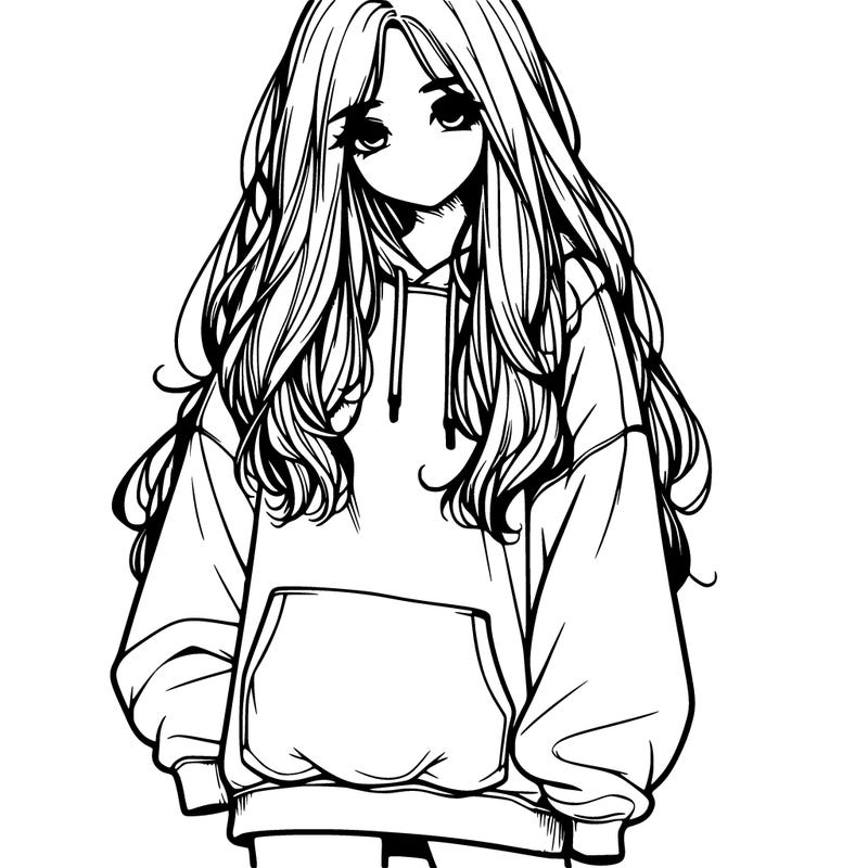 realistic girl with long hair and baggy sweat shirt