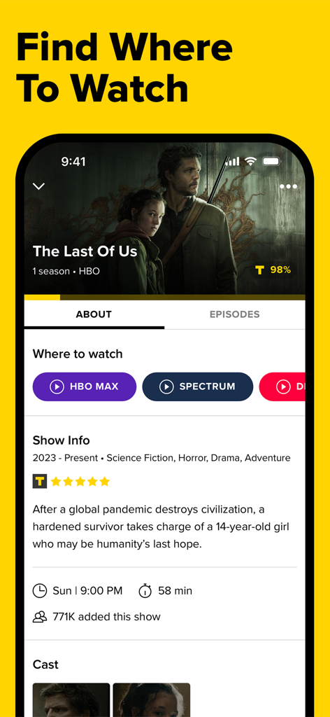 TV Time: Track Shows & Movies - TV Time app interface showing streaming availability for The Last of Us on HBO Max and Spectrum