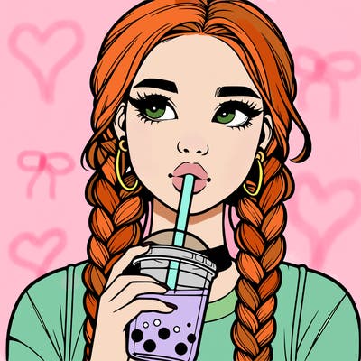 realistic girl with braided hair drinking boba
