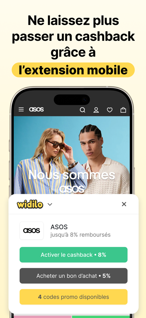 Widilo: Cashback & Codes Promo - Extension mobile Widilo affichant le cashback et les codes promo pour les achats en ligne