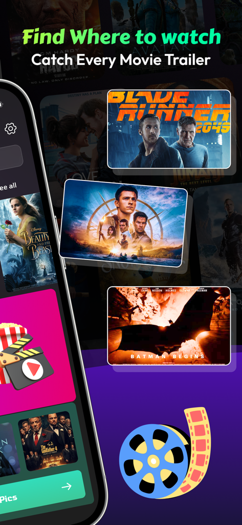 Pantalla de la aplicación Moviebox que muestra pósteres de películas y tráilers