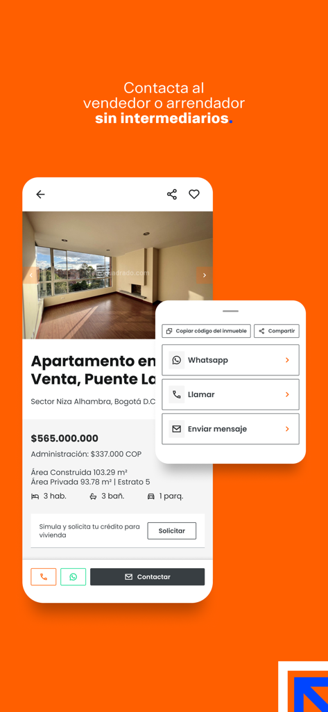 Metrocuadrado - Metrocuadrado app interface showing property details for an apartment in Bogota and contact options via WhatsApp and phone call