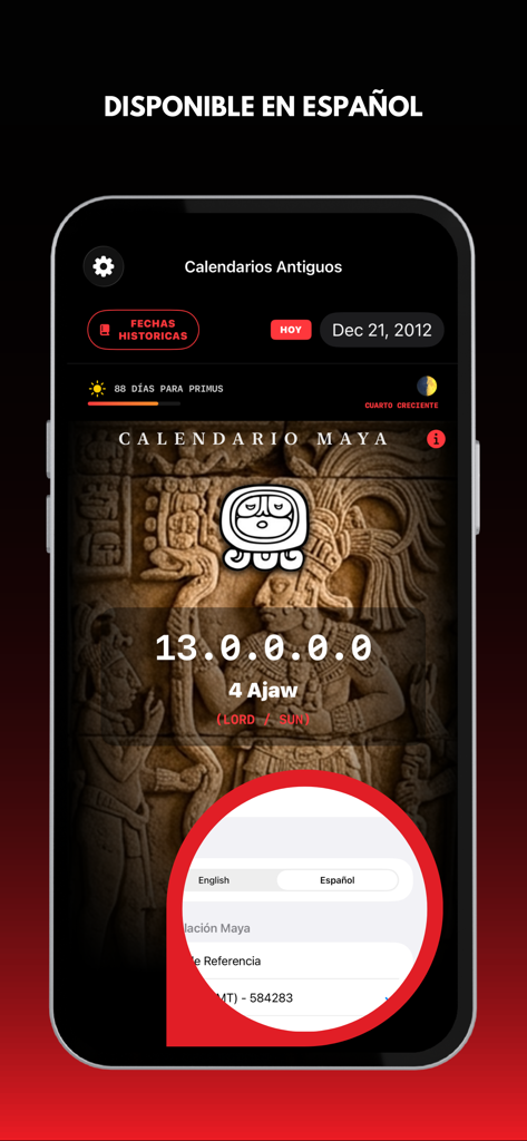 Ancient Calendars - Aplicación Calendarios Antiguos mostrando la interfaz del calendario maya con soporte para español