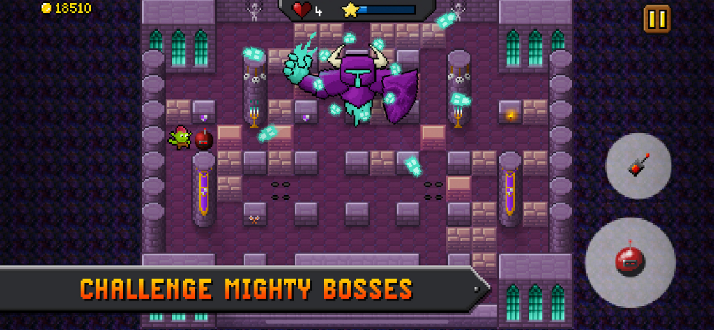 Boom Mania - Batalla contra un jefe caballero morado en el juego retro pixel-art Boom Mania