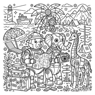 Join a whimsical crew of animal robots as they embark on an exciting vacation journey, exploring various landscapes and sights. This delightful coloring page is packed with charming details, perfect for sparking imagination and creative fun.