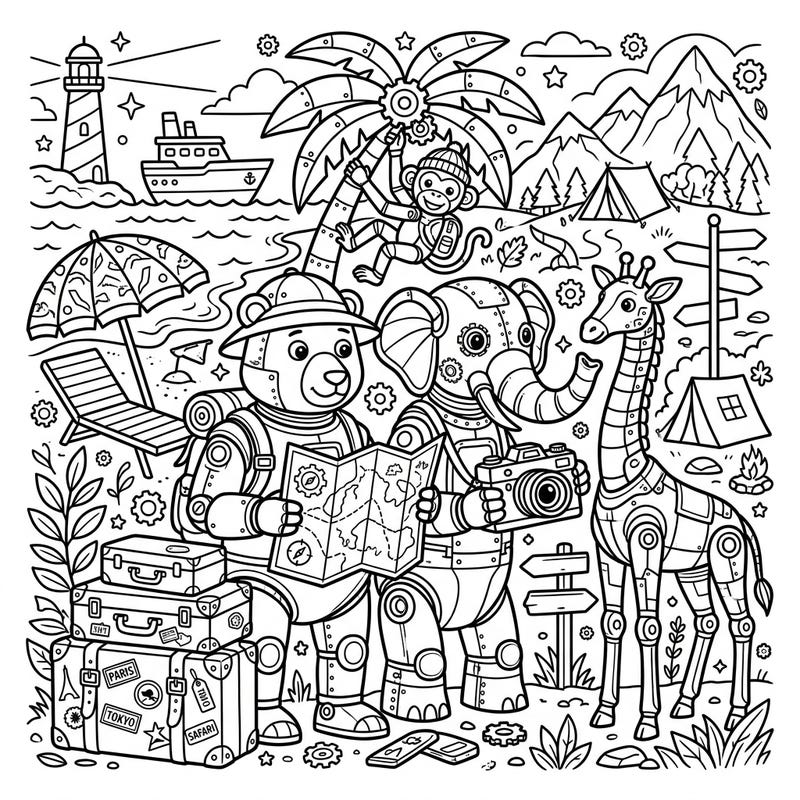 Join a whimsical crew of animal robots as they embark on an exciting vacation journey, exploring various landscapes and sights. This delightful coloring page is packed with charming details, perfect for sparking imagination and creative fun.