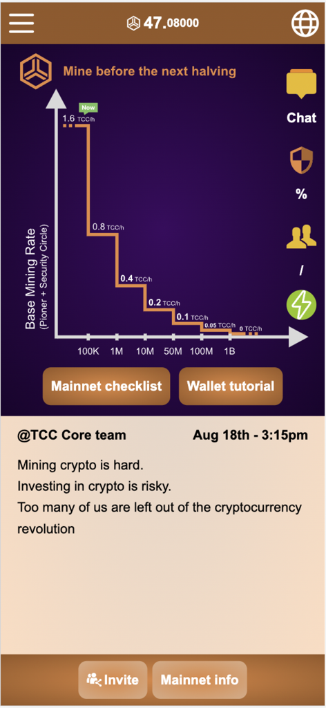 TCC - TCC app dashboard showing the cryptocurrency mining rate chart and halving milestones for the NTC digital currency