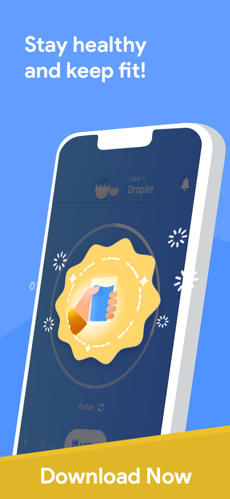 Drink Water Reminder + Tracker - Pantalla de smartphone que muestra la aplicación Drink Water Reminder con el texto Mantente saludable y en forma