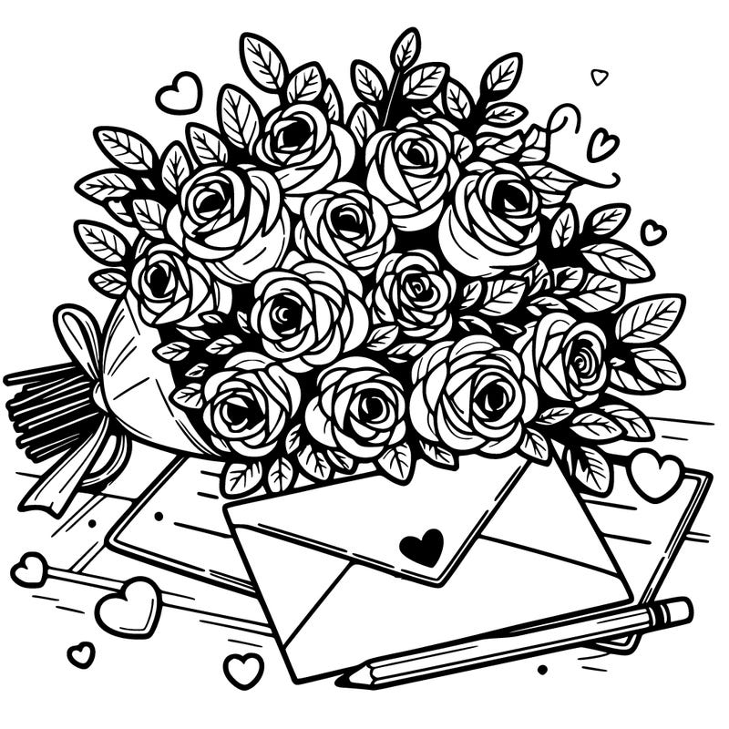 a bouquet of roses and letter card for valentine day
