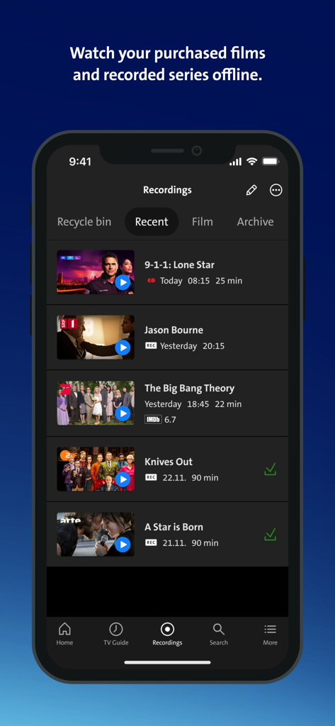 Swisscom blue TV - Swisscom blue TV App zeigt eine Liste der aufgenommenen Filme und Serien, die auf einem Smartphone für die Offline-Wiedergabe verfügbar sind