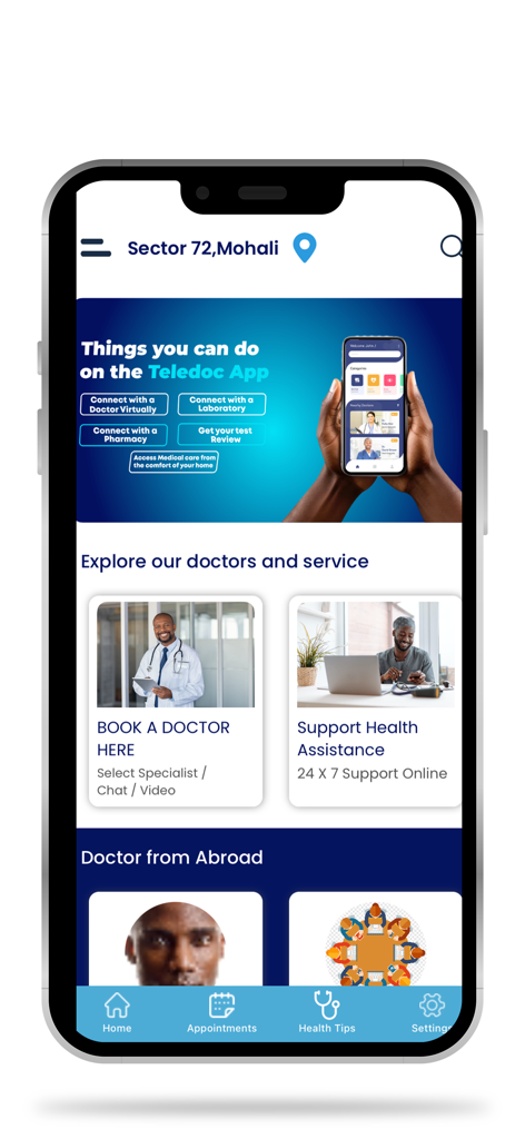 TeleDoc App - The home screen of the TeleDoc App displaying options for virtual doctor consultations and health support.