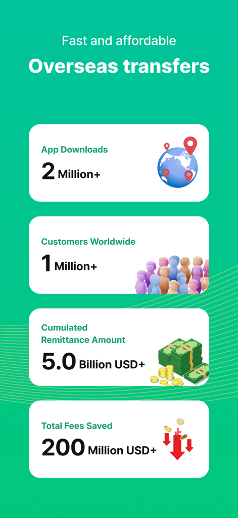 WireBarley - WireBarley app screen displaying global remittance statistics and total user savings