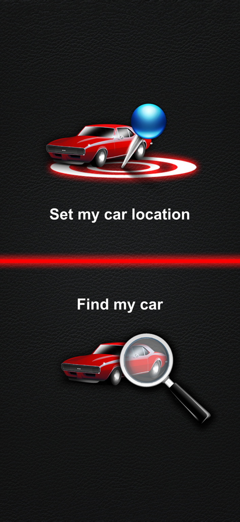 Find My Car app main menu showing options to set car location and find my car