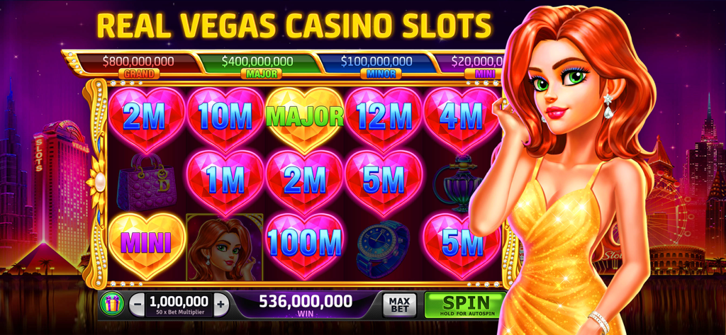 Une interface de jeu de machine à sous virtuelle présentant des icônes de cœur et une femme glamour dans une robe dorée sur fond de Las Vegas.