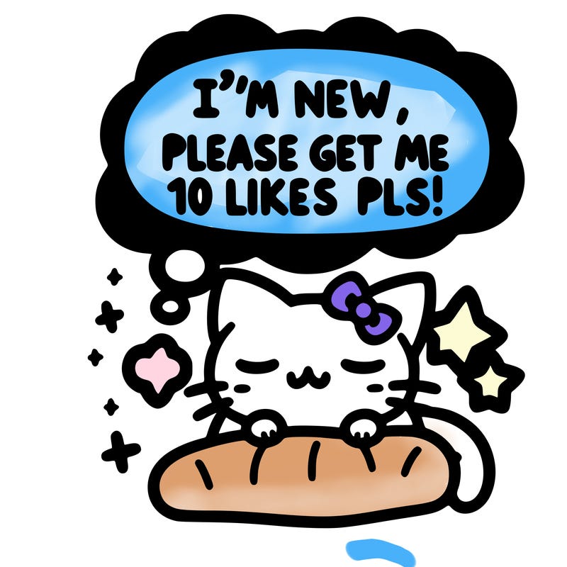 kitty taking a nap dream talking and saying "i'm new, please get me at least 10 likes pls!!"