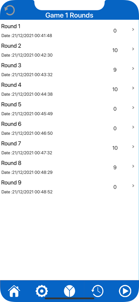 The Countdown Numbers Game - A list of game rounds showing dates times and scores in The Countdown Numbers Game