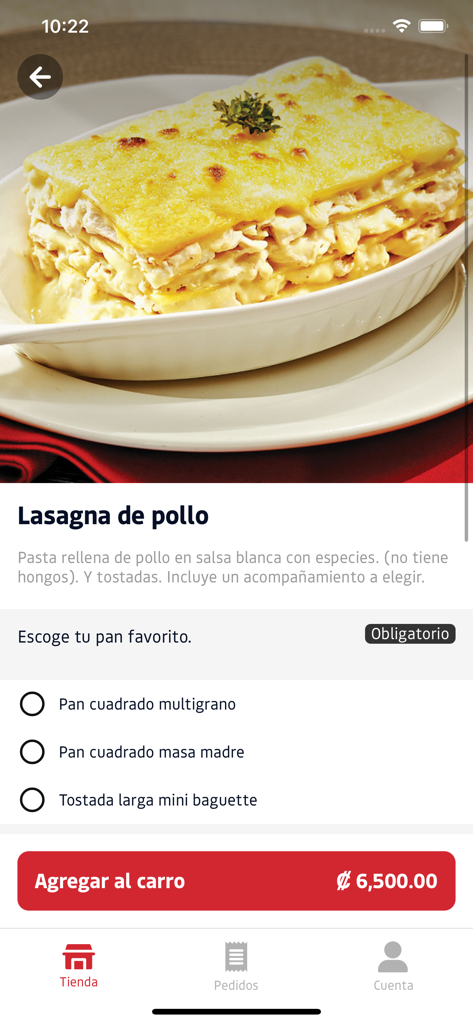 Spoon CR - Spoon CR app screen showing a delicious chicken lasagna with bread selection options and an add to cart button